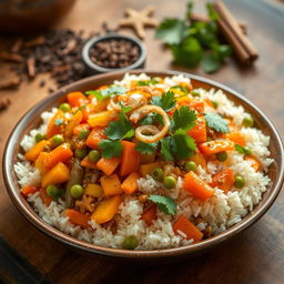 A beautifully arranged plate of vegetable biriyani, featuring vibrant mixed vegetables like carrots, peas, and bell peppers, layered within fragrant basmati rice