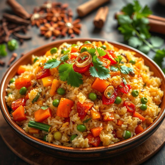 A beautifully arranged plate of vegetable biriyani, featuring vibrant mixed vegetables like carrots, peas, and bell peppers, layered within fragrant basmati rice