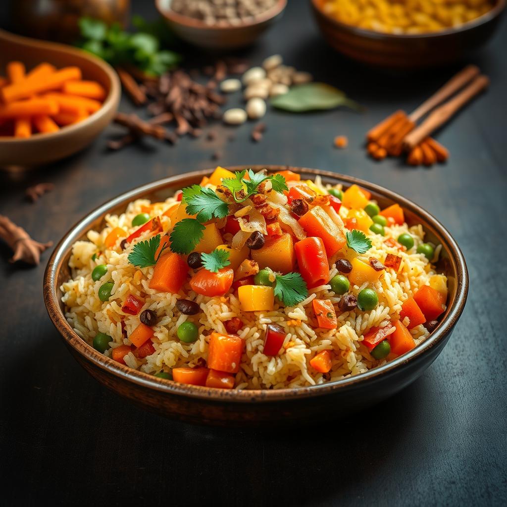 A beautifully arranged plate of vegetable biriyani, featuring vibrant mixed vegetables like carrots, peas, and bell peppers, layered within fragrant basmati rice