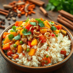 A beautifully arranged plate of vegetable biriyani, featuring vibrant mixed vegetables like carrots, peas, and bell peppers, layered within fragrant basmati rice