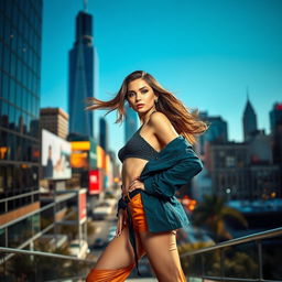 A stunning model posing confidently in a fashion-forward outfit against a backdrop of an iconic American city skyline, showcasing vibrant colors and dynamic angles