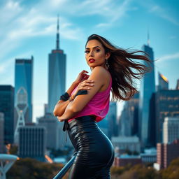 A stunning model posing confidently in a fashion-forward outfit against a backdrop of an iconic American city skyline, showcasing vibrant colors and dynamic angles