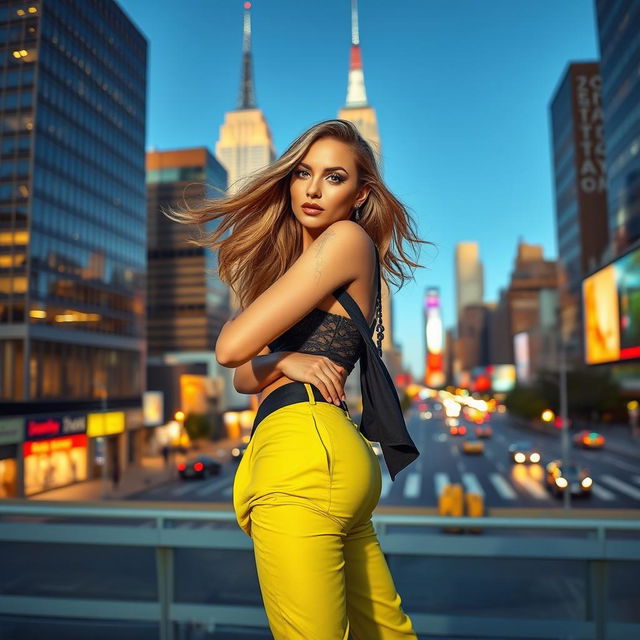 A stunning model posing confidently in a fashion-forward outfit against a backdrop of an iconic American city skyline, showcasing vibrant colors and dynamic angles