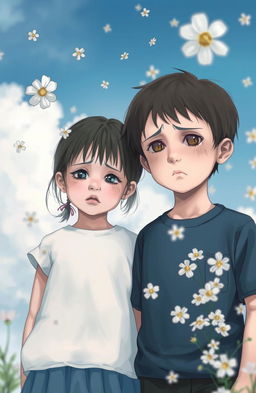 A young boy standing beside a girl, both displaying expressions of sadness
