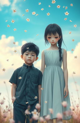 A young boy standing beside a girl, both displaying expressions of sadness