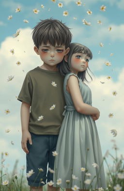A young boy standing beside a girl, both displaying expressions of sadness