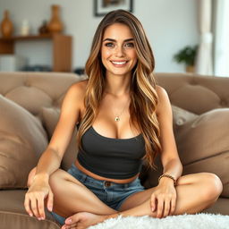 A 25-year-old woman with long light brown hair and a round face, highlighted by charming freckles, wearing a cropped tank top that complements her figure