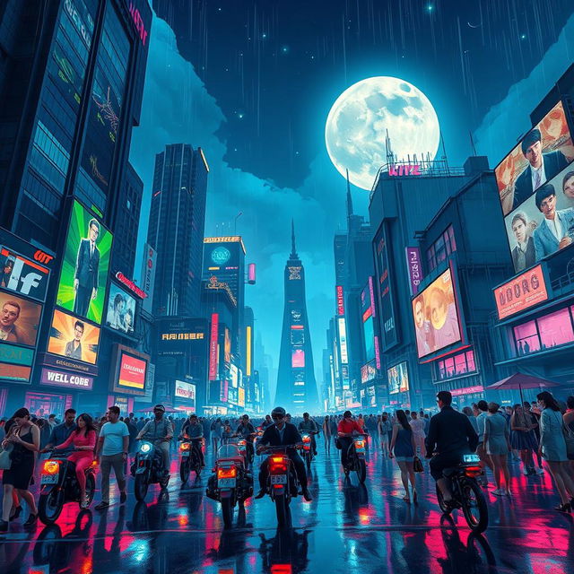 A stunning illustration of a cyberpunk city at night, bustling with neon lights and flying cars