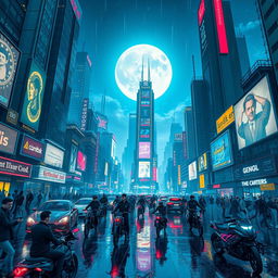 A stunning illustration of a cyberpunk city at night, bustling with neon lights and flying cars