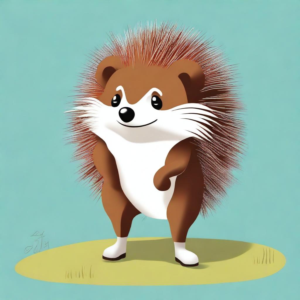 A high-quality digital art image of a brown hedgehog with white eyes, leaning on a walking stick