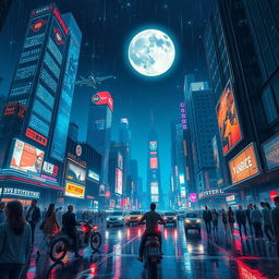 A stunning illustration of a cyberpunk city at night, bustling with neon lights and flying cars
