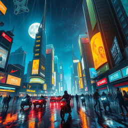 A stunning illustration of a cyberpunk city at night, bustling with neon lights and flying cars