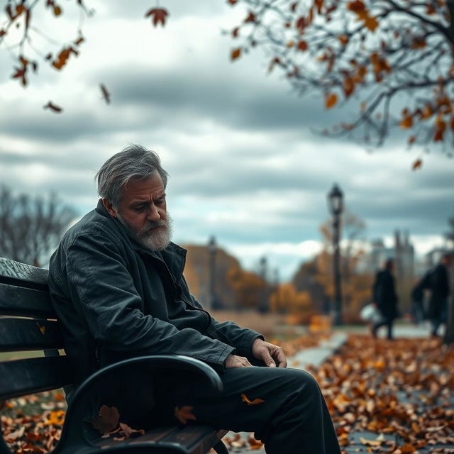 A serene and contemplative scene depicting a man sitting alone on a park bench under a cloudy sky, reflecting deep sadness and introspection