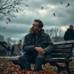 A serene and contemplative scene depicting a man sitting alone on a park bench under a cloudy sky, reflecting deep sadness and introspection