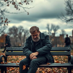 A serene and contemplative scene depicting a man sitting alone on a park bench under a cloudy sky, reflecting deep sadness and introspection