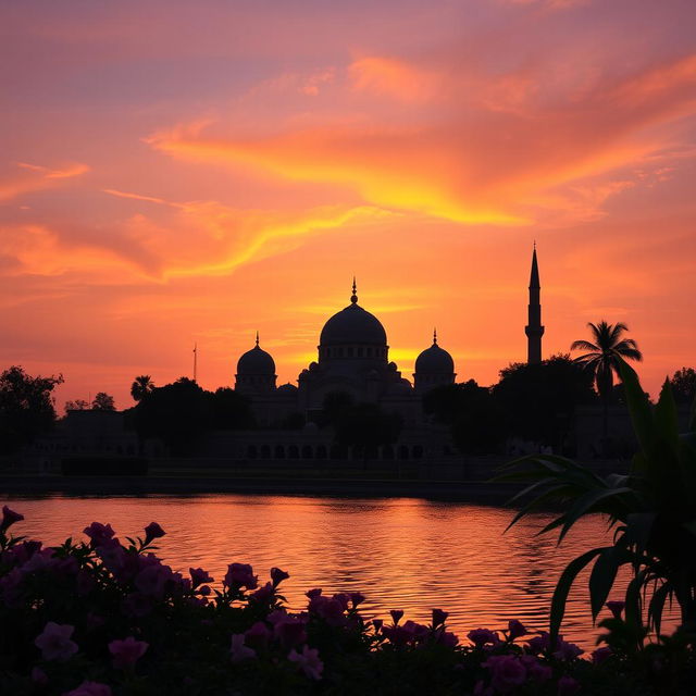 A serene and peaceful scene depicting a mesmerizing sunset over a tranquil mosque silhouette, showcasing domes and minarets against a vibrant sky painted in shades of orange, pink, and purple