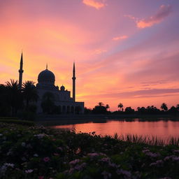 A serene and peaceful scene depicting a mesmerizing sunset over a tranquil mosque silhouette, showcasing domes and minarets against a vibrant sky painted in shades of orange, pink, and purple