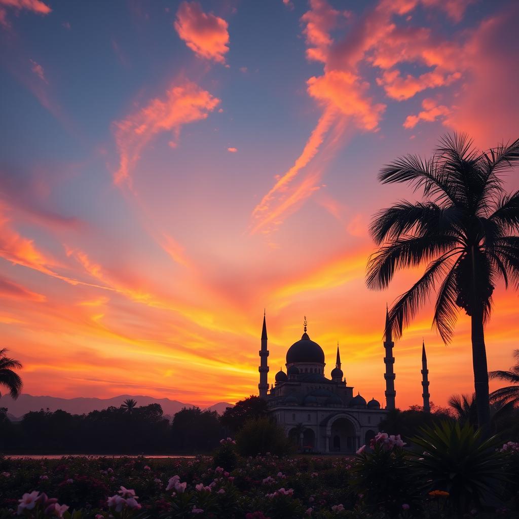 A serene and peaceful scene depicting a mesmerizing sunset over a tranquil mosque silhouette, showcasing domes and minarets against a vibrant sky painted in shades of orange, pink, and purple