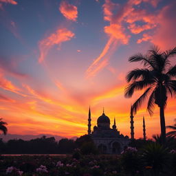 A serene and peaceful scene depicting a mesmerizing sunset over a tranquil mosque silhouette, showcasing domes and minarets against a vibrant sky painted in shades of orange, pink, and purple