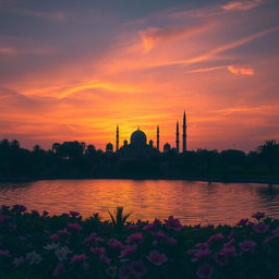 A serene and peaceful scene depicting a mesmerizing sunset over a tranquil mosque silhouette, showcasing domes and minarets against a vibrant sky painted in shades of orange, pink, and purple