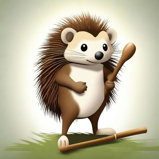 A high-quality digital art image of a brown hedgehog with white eyes, leaning on a walking stick