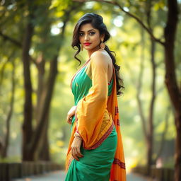 A stunning Indian model in a captivating photoshoot, wearing a hot saree that elegantly drapes around her