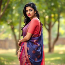 A stunning Indian model in a captivating photoshoot, wearing a hot saree that elegantly drapes around her