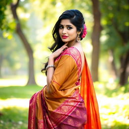 A stunning Indian model in a captivating photoshoot, wearing a hot saree that elegantly drapes around her