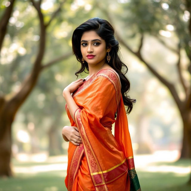 A stunning Indian model in a captivating photoshoot, wearing a hot saree that elegantly drapes around her