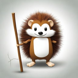 A high-quality digital art image of a brown hedgehog with white eyes, leaning on a walking stick