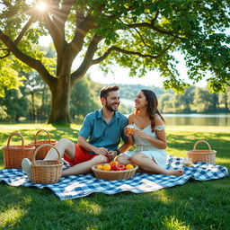A romantic scene of a boyfriend and girlfriend enjoying a picnic in a lush green park