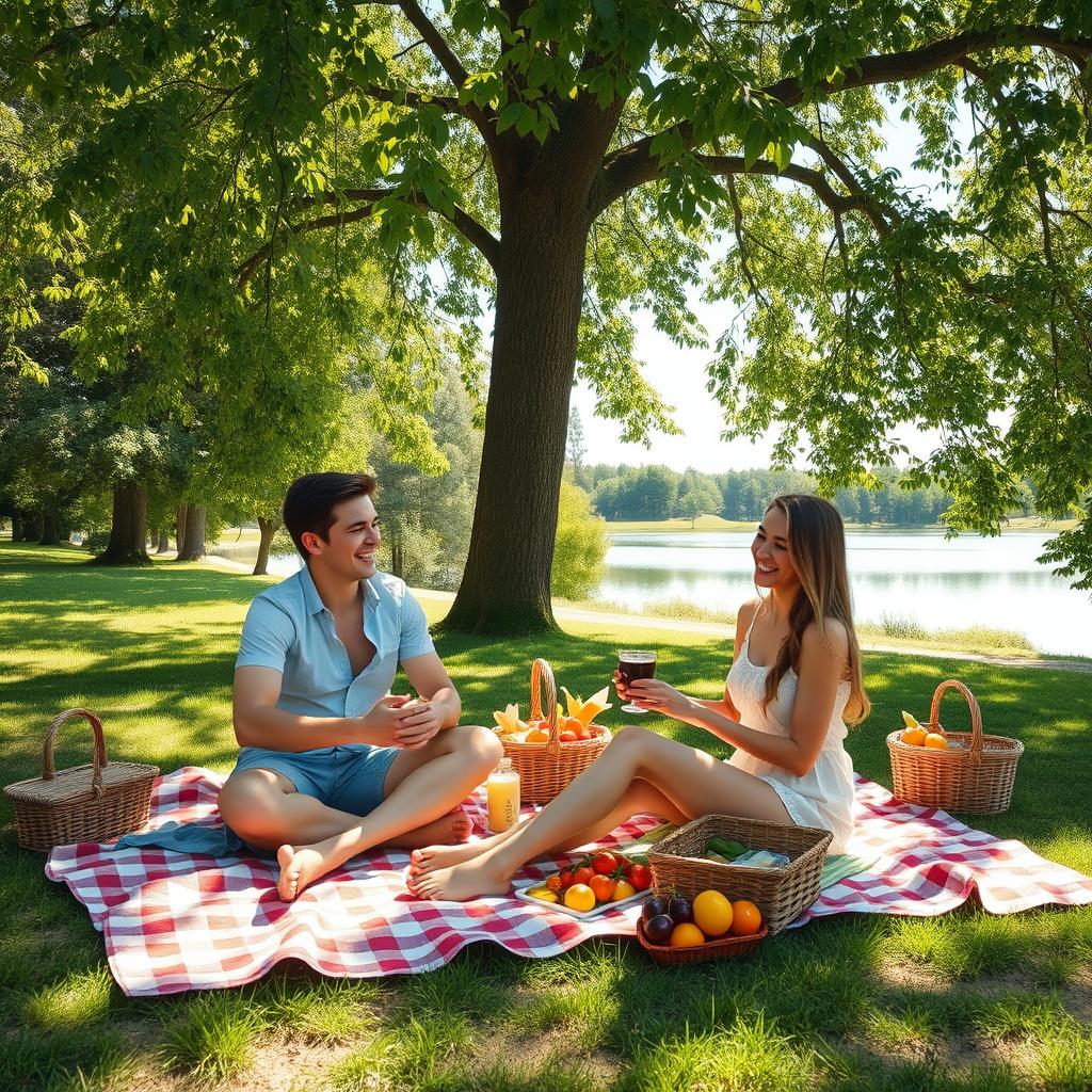 A romantic scene of a boyfriend and girlfriend enjoying a picnic in a lush green park