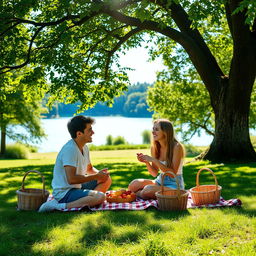 A romantic scene of a boyfriend and girlfriend enjoying a picnic in a lush green park
