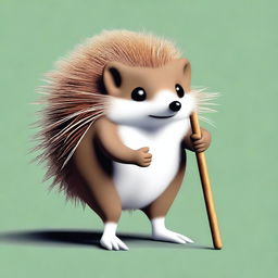 A high-quality digital art image of a brown hedgehog with white eyes, leaning on a walking stick