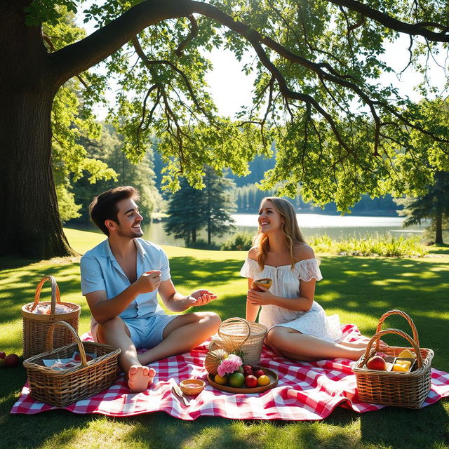 A romantic scene of a boyfriend and girlfriend enjoying a picnic in a lush green park