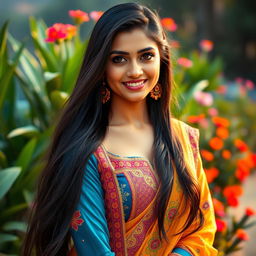 A stunning Indian woman with long flowing black hair, wearing a traditional yet modern fusion outfit that incorporates bright colors and intricate patterns