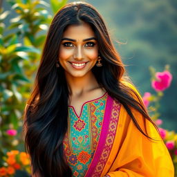 A stunning Indian woman with long flowing black hair, wearing a traditional yet modern fusion outfit that incorporates bright colors and intricate patterns