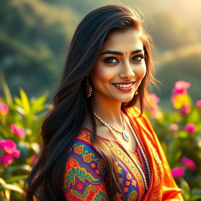A stunning Indian woman with long flowing black hair, wearing a traditional yet modern fusion outfit that incorporates bright colors and intricate patterns