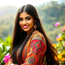 A stunning Indian woman with long flowing black hair, wearing a traditional yet modern fusion outfit that incorporates bright colors and intricate patterns