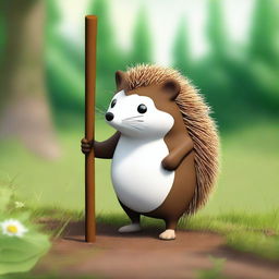 A high-quality digital art image of a brown hedgehog with white eyes, leaning on a walking stick, set in a natural environment