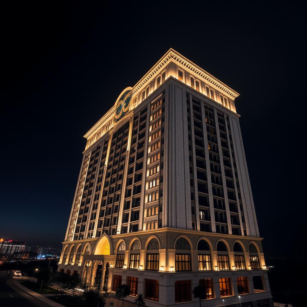 A stunning night view of the Golden Ribbon building in Syria, showcasing its architectural elegance lit up against the dark sky