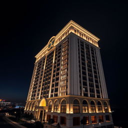 A stunning night view of the Golden Ribbon building in Syria, showcasing its architectural elegance lit up against the dark sky