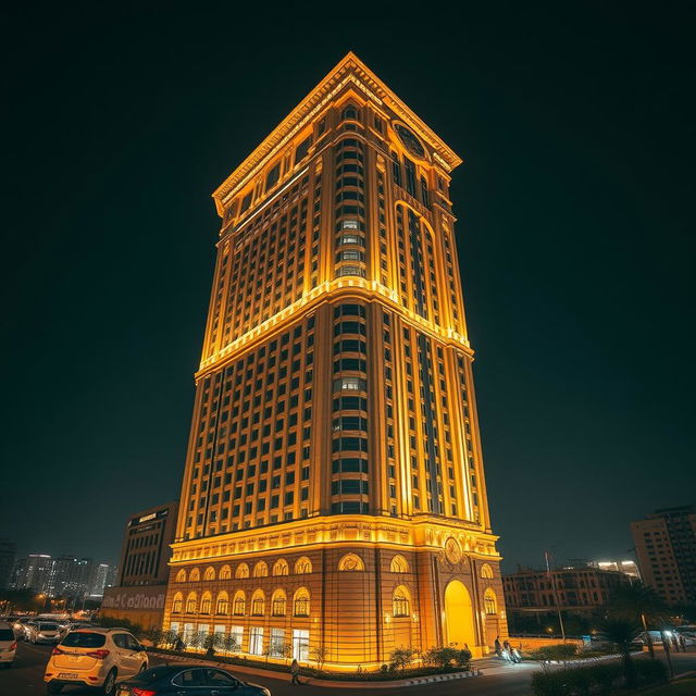 A stunning night view of the Golden Ribbon building in Syria, showcasing its architectural elegance lit up against the dark sky