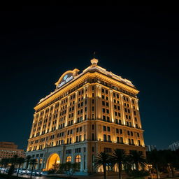 A stunning night view of the Golden Ribbon building in Syria, showcasing its architectural elegance lit up against the dark sky