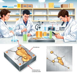 A detailed scientific illustration depicting the investigation of bromide ion effects on the corrosion of stainless steels