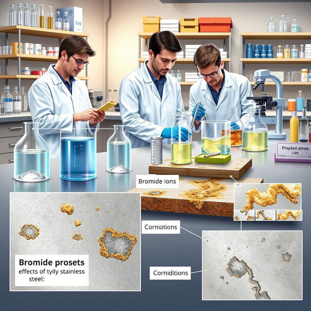 A detailed scientific illustration depicting the investigation of bromide ion effects on the corrosion of stainless steels