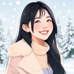 A stylized portrait of Winter from the K-pop group Aespa, featuring her with long dark hair cascading around her shoulders, wearing a fashionable winter outfit with pastel colors, a stylish faux fur coat, and a playful smile