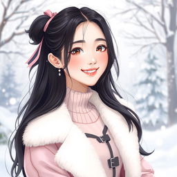A stylized portrait of Winter from the K-pop group Aespa, featuring her with long dark hair cascading around her shoulders, wearing a fashionable winter outfit with pastel colors, a stylish faux fur coat, and a playful smile