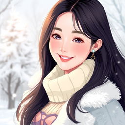 A stylized portrait of Winter from the K-pop group Aespa, featuring her with long dark hair cascading around her shoulders, wearing a fashionable winter outfit with pastel colors, a stylish faux fur coat, and a playful smile