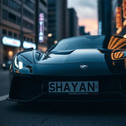 A stunning close-up image of a sleek black sports car parked in an urban environment